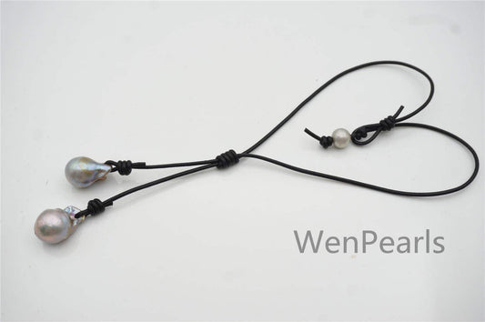 Two Gray Flame ball pearl and leather necklace, Baroque Freshwater Pearl Drop Necklace, Flaming ball pearl necklace, wholesale, Le4-058