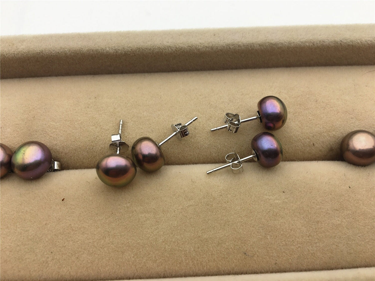AAA+ 7.5-8.5mm Black Rainbow Pearl Stud Earrings, pearl earrings, S925 Sterling Silver, classic pearl studs, SE1-067