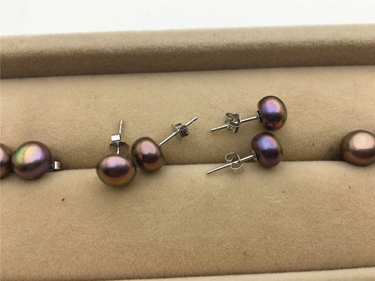 AAA+ 7.5-8.5mm Black Rainbow Pearl Stud Earrings, pearl earrings, S925 Sterling Silver, classic pearl studs, SE1-067