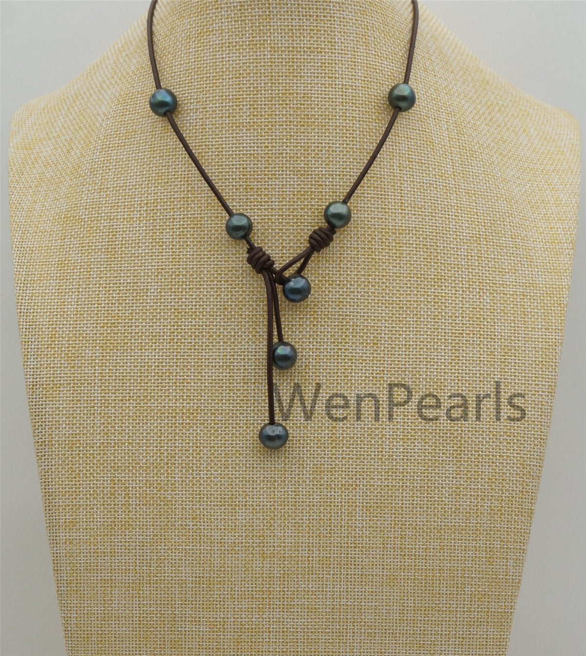 Deep Blue Potato Near Round Pearl Leather necklace, Green Freshwater pearl, Black Leather Pearl necklace, Select leather color, Le4-081