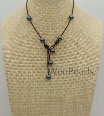 Deep Blue Potato Near Round Pearl Leather necklace, Green Freshwater pearl, Black Leather Pearl necklace, Select leather color, Le4-081