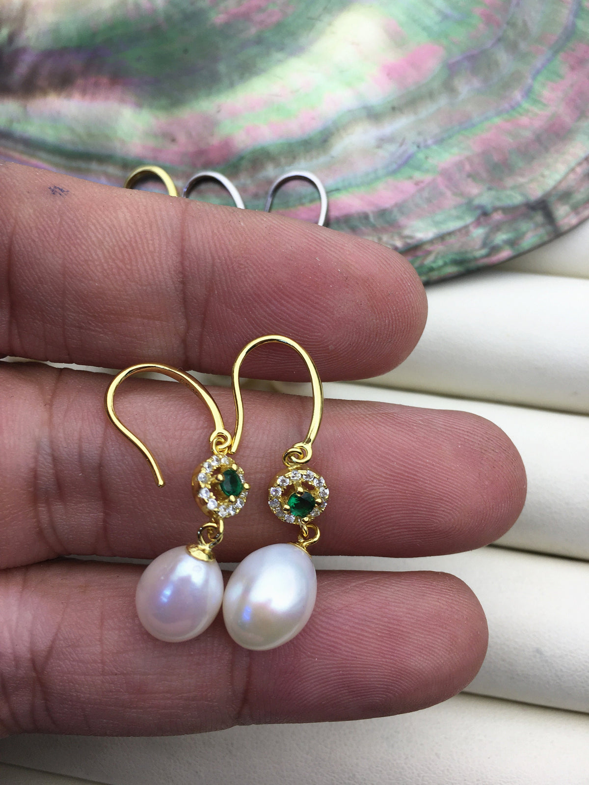 AAA 9mm White rice pearl cz stud earrings,zircon S925 Sterling Silver pearl earrings,green stone earrings,SE3-002