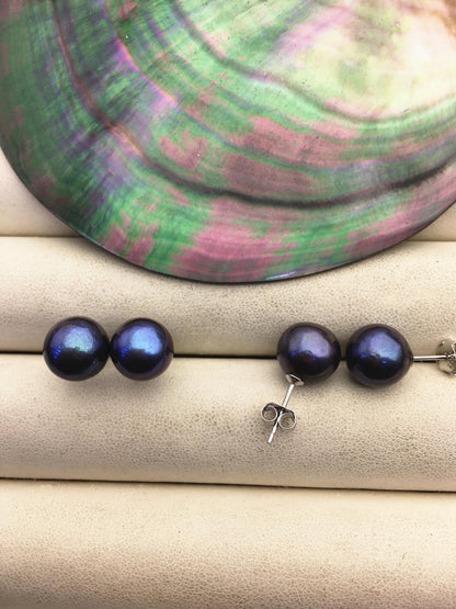 1 pair AA+ 9-10mm black round edison pearl stud earrings, S925 Sterling Silver stud earrings, wedding pearl earrings, SE3-T9-59