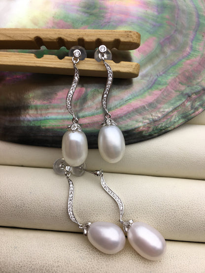 AAA 9mm White rice pearl cz stud earrings,zircon S925 Sterling Silver pearl earrings,pearl for women for girl,SE3-106