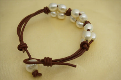 Rice white pearl leather necklace, twisted leather pearl bracelet, knotted freshwater pearl bracelet, Leather Pearls Bracelet, Le7-060