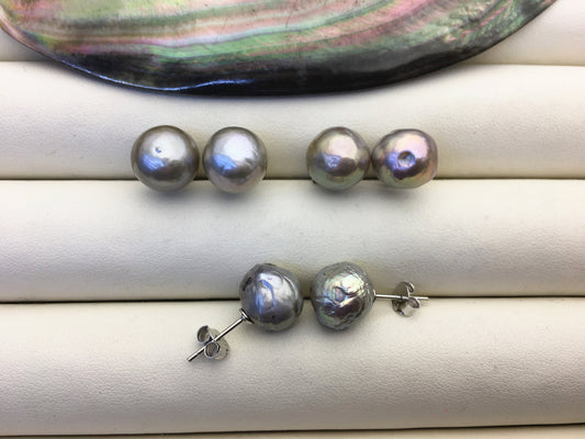 2 pairs AA+ 10-11mm gray baroque near round edison pearl stud earrings,S925 Sterling Silver stud earrings,SE3-T61