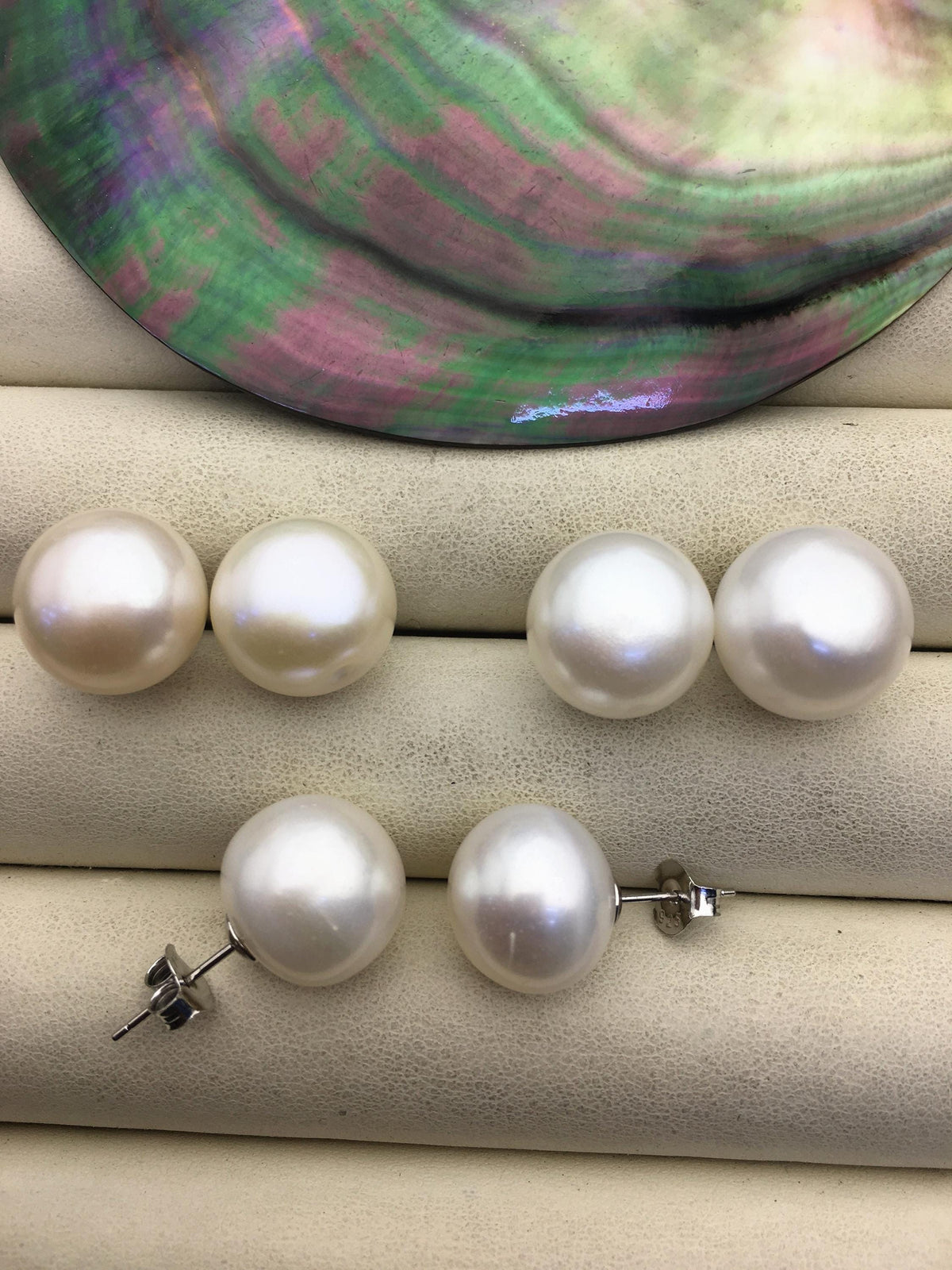 1 pair AA+ 14-15mm huge white button round Pearl Stud Earrings, freshwater pearl earrings, classic pearl studs, SE1-069-18