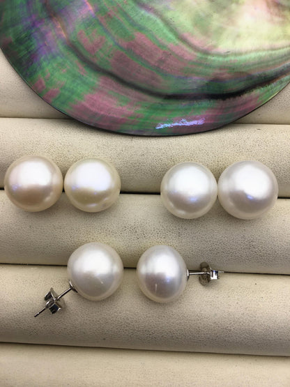 1 pair AA+ 14-15mm huge white button round Pearl Stud Earrings, freshwater pearl earrings, classic pearl studs, SE1-069-18
