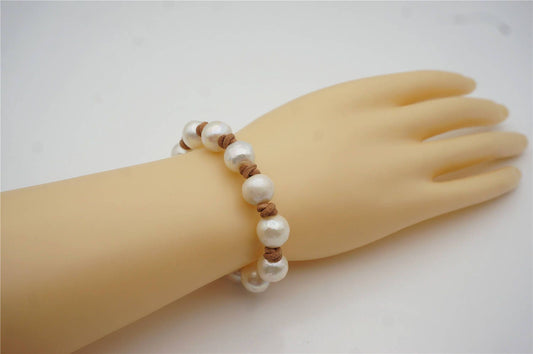 AA+ 11-12mm thick button round Pearls leather bracelet,white color pearl,Select leather color,Handmade Cuff,Le8-010