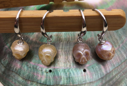 AAA 8mm white/pink/purple/gray/black HandMade Carved Skull Freshwater Pearl Dangle Earrings, Pearl Earrings for Women Girls, SE3-027-3