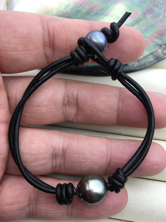 11-13mm big Single Drop Green Black Tahitian pearl Leather Cord bracelet, SELECT leather color, Pearl Leather bracelet, Le10-006
