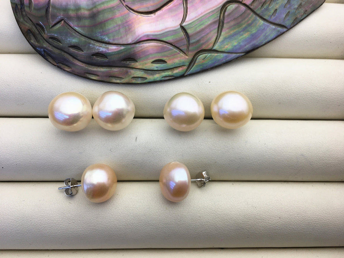 AAA 11.5-12mm big pink peach nugget baroque Pearl Stud Earrings, freshwater pearl earrings, classic pearl studs, SE1-069-32