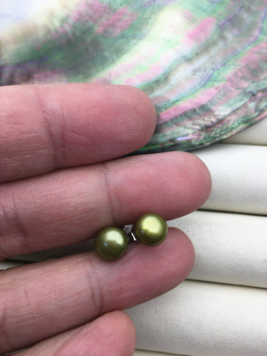 AAA 7.5-8mm Green Pearl stud earrings,Sterling Silver,SE1-028