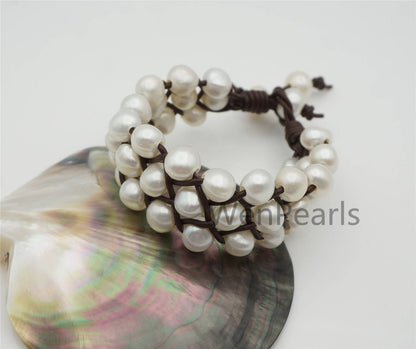 Three Rows nugget Pearl fashion jewelry, pearl Leather Pearls Bracelet - plait leather bracelet - Genuine freshwater pearl - Le7-161