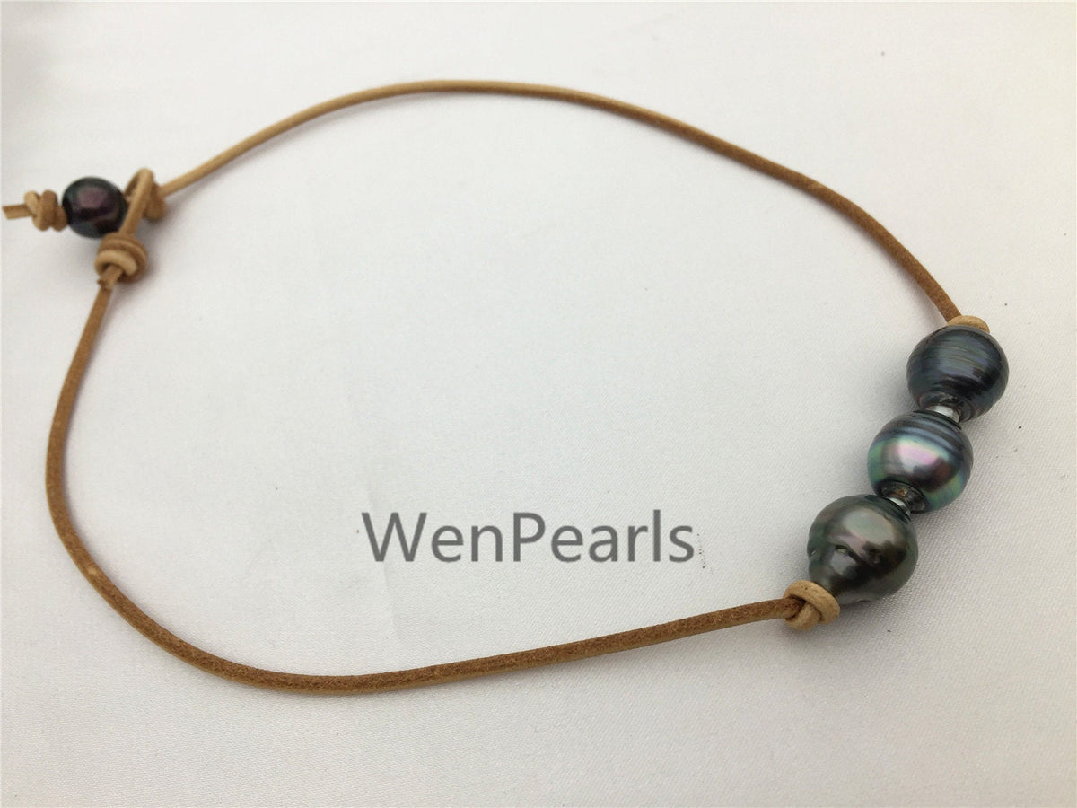 Three Tahitian Pearl Choker, Leather Necklace, High Luster, Pearl Leather Necklace, Black Leather Pearl necklace, Black pearl necklace, Le11-016