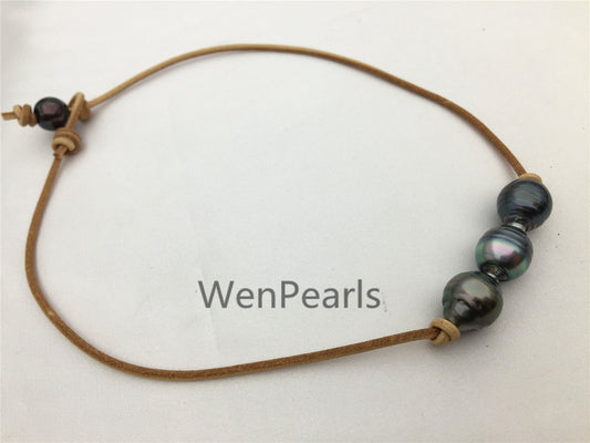 Three Tahitian Pearl Choker, Leather Necklace, High Luster, Pearl Leather Necklace, Black Leather Pearl necklace, Black pearl necklace, Le11-016