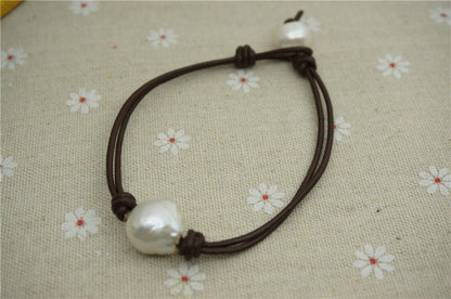 Huge Pearl and leather bracelet, Leather Pearls Bracelet, Handmade Cuff, White Pearls on Brown Leather, Black leather bracelet, Le7-069
