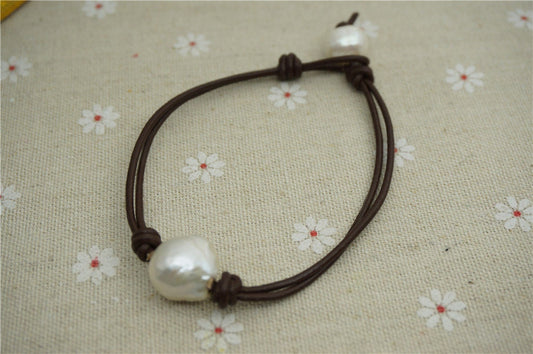 Huge Pearl and leather bracelet, Leather Pearls Bracelet, Handmade Cuff, White Pearls on Brown Leather, Black leather bracelet, Le7-069
