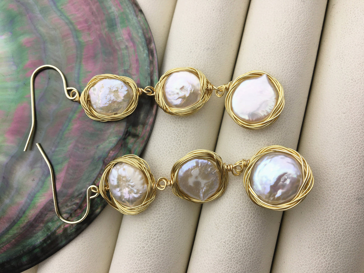 Handmade white three coin pearl dangle earrings,earring with white baroque Natural Pearl,SE3-120-7