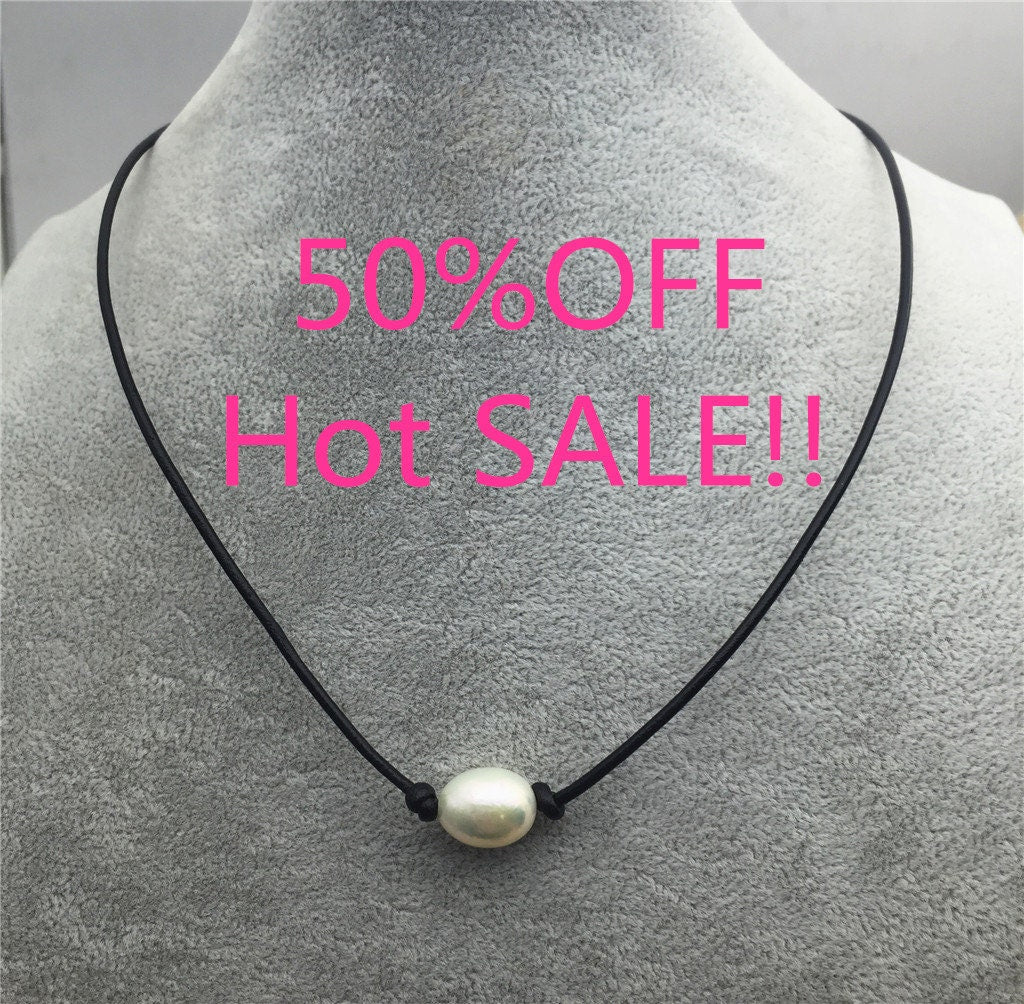 12mm Very Big Rice Pearl Leather Choker Necklace, Pearl Leather Necklace, freshwater rice pearl necklace, Le1-073