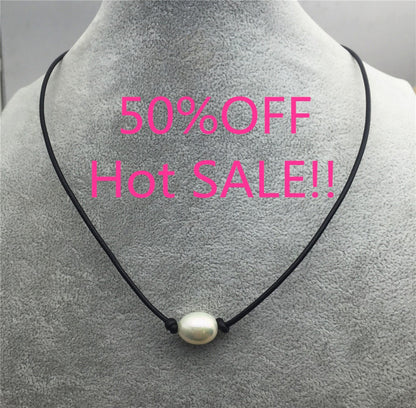 12mm Very Big Rice Pearl Leather Choker Necklace, Pearl Leather Necklace, freshwater rice pearl necklace, Le1-073