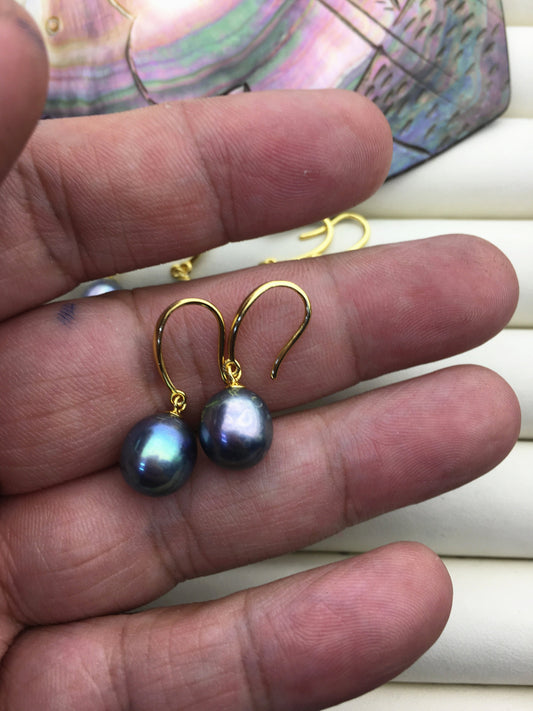 1 pair AA+ 9.5-10mm deep green blue rice pearl dangle earrings, yellow gold plated S925 Sterling Silver pearl earrings, SE3-T45