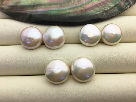 1 pair AAA+ 14-15mm white Coin Freshwater Pearls Pair,no hole,COIN14-3A-1