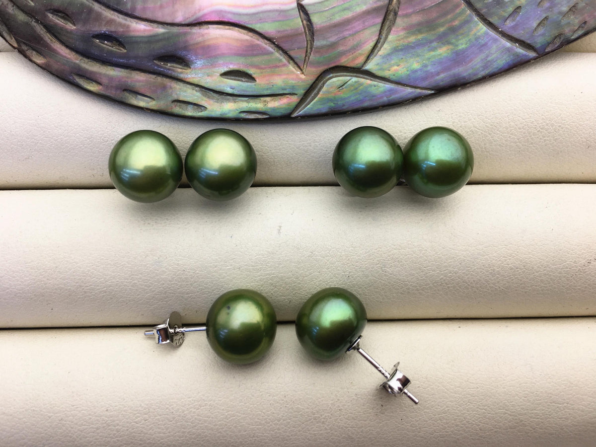 1 pair AAA 9.5-10mm Green Pearl stud Earrings,sterling silver,SE1-T32