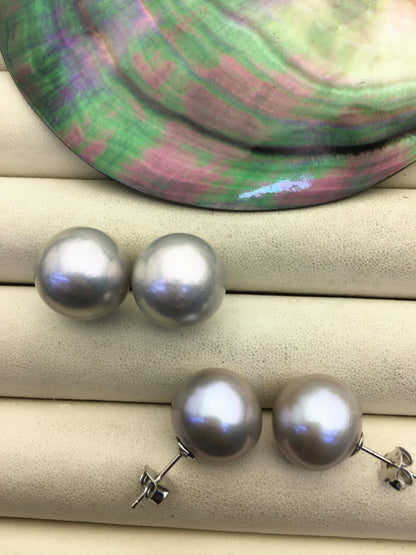 1 pair AAA 10-15mm gray rainbow round edison pearl stud earrings, S925 Sterling Silver stud earrings, wedding pearl earrings, SE3-T9-57