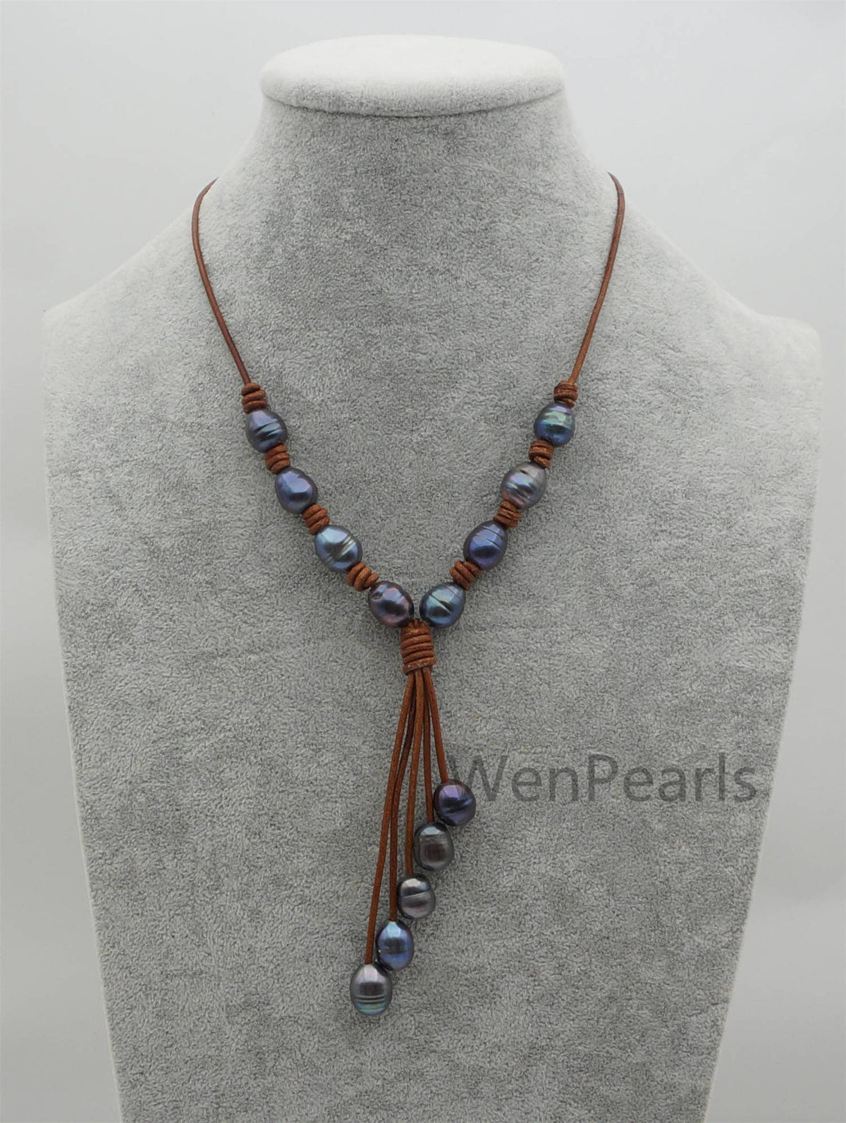 Deep Blue Big Rice pearl leather drop necklace,Pearl and Leather Lariat Necklace,Leather Pearl necklace,Le4-100