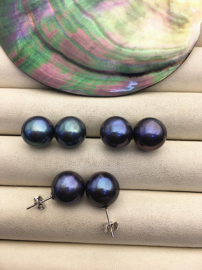 1 pair AA+ 12-13mm black round edison pearl stud earrings, S925 Sterling Silver stud earrings, wedding pearl earrings, SE3-T9-39