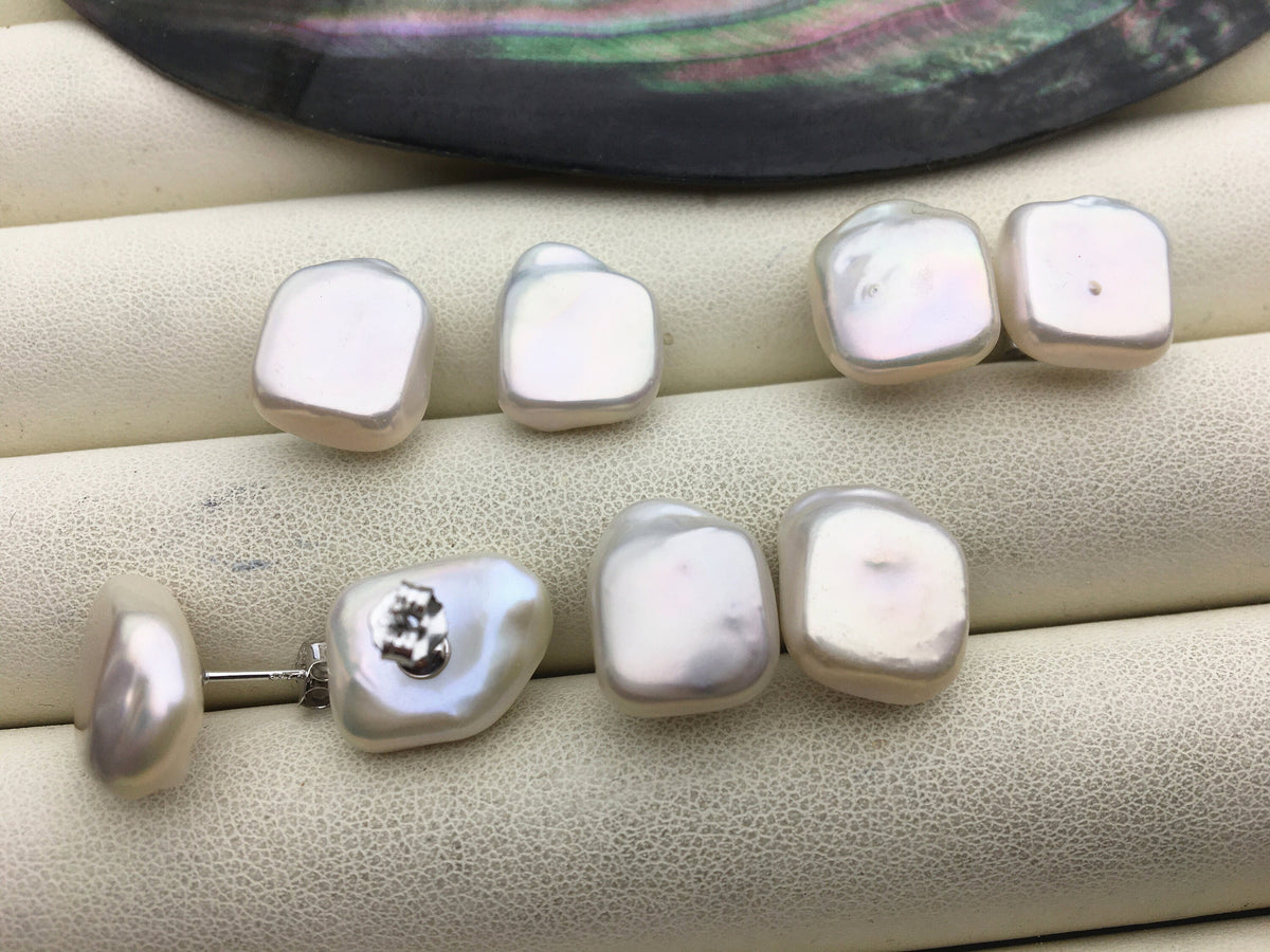 AAA 11-12mm white Square baroque Pearl Stud Earrings,freshwater pearl earrings,Wedding,classic pearl studs,SE3-163