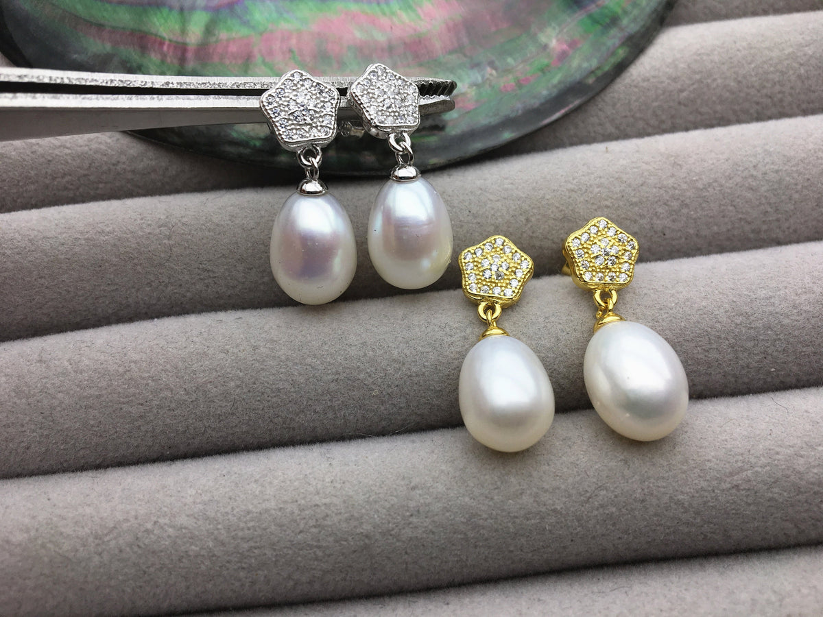 AAA 9mm White rice pearl Pentagon cz stud earrings,S925 Sterling Silver pearl earrings,pearl for women for girl,SE3-138