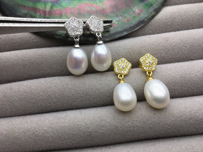 AAA 9mm White rice pearl Pentagon cz stud earrings,S925 Sterling Silver pearl earrings,pearl for women for girl,SE3-138