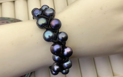Two rows blue pearl bracelet, Leather Pearls Bracelet, Handmade Cuff, White Pearls on Brown Leather, Black leather bracelet, Le7-096