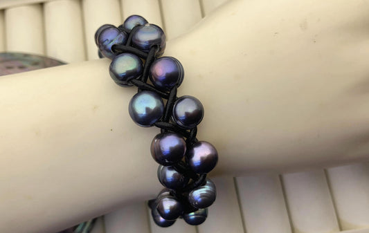 Two rows blue pearl bracelet, Leather Pearls Bracelet, Handmade Cuff, White Pearls on Brown Leather, Black leather bracelet, Le7-096