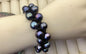 Two rows blue pearl bracelet, Leather Pearls Bracelet, Handmade Cuff, White Pearls on Brown Leather, Black leather bracelet, Le7-096