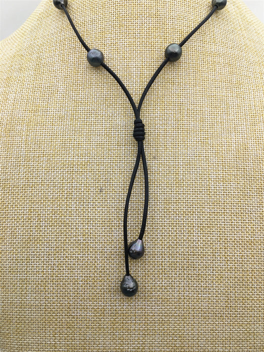 real tahitian pearl floating drop part leather Necklace, black, brown Leather color Pearl necklace, Leather pearl necklace, Le11-029