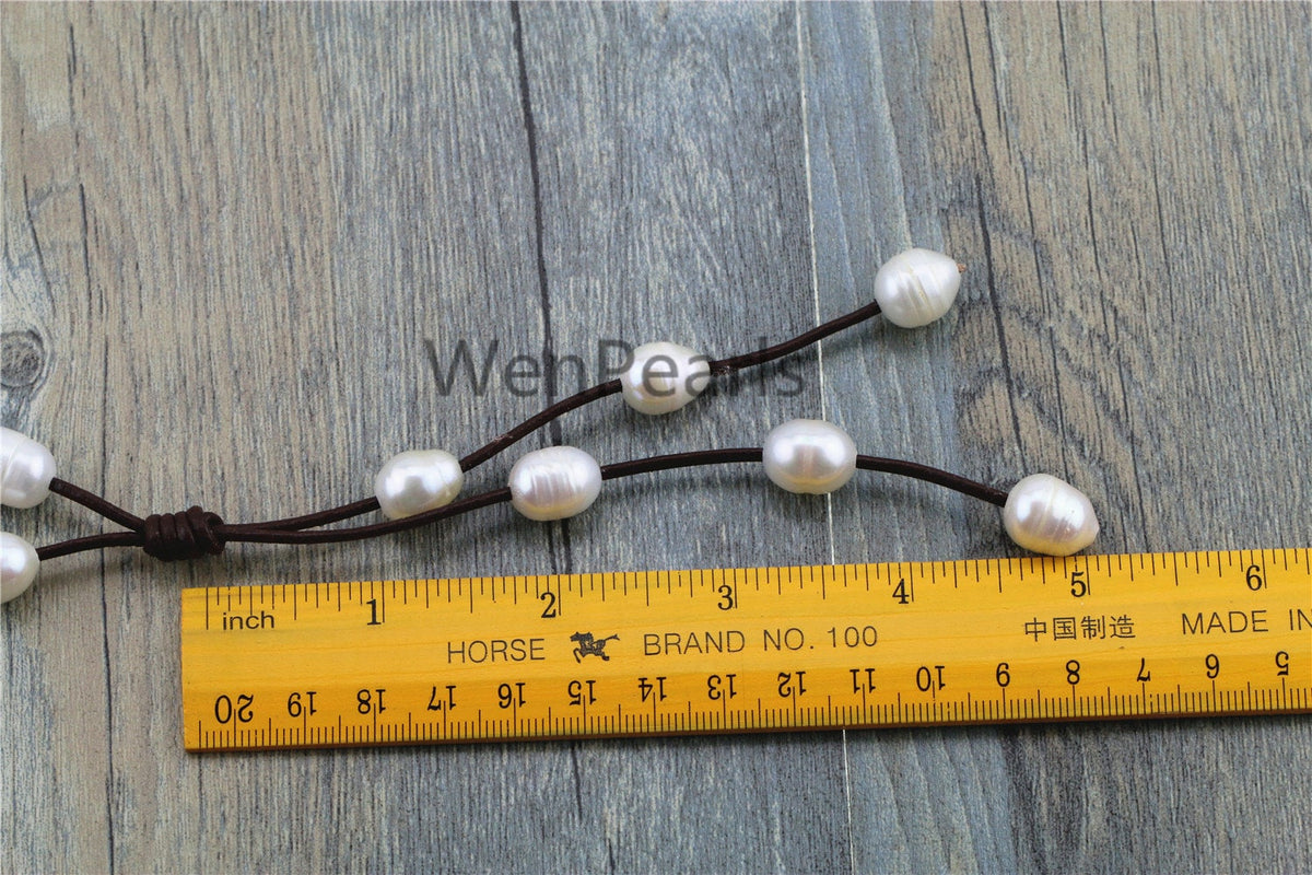 Two Rows Pearl and Leather Necklace, Floating pearl and leather Necklace, Multi-Strand Pearls necklace, Le3-071