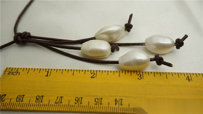 Freshwater Pearl and Leather Lariat Necklace, Light Brwon Leather Pearl necklace, Leather baroque pearl necklace,Le1-072