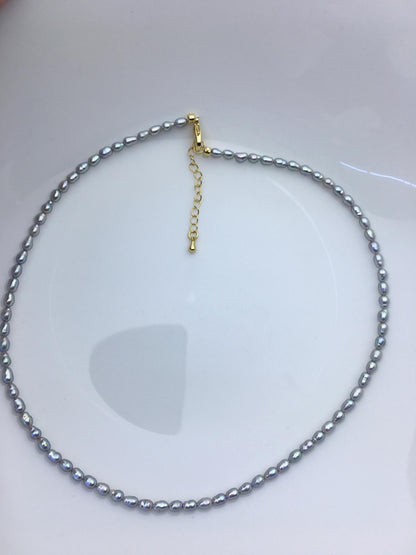 16+2'' AA+ 3-4mm tiny gray rice freshwater Pearl necklace, genuine freshwater Pearl necklace, Natural Pearl Necklace, NPN1-T50