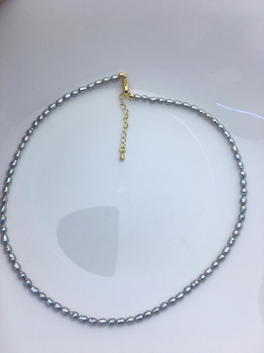 16+2'' AA+ 3-4mm tiny gray rice freshwater Pearl necklace, genuine freshwater Pearl necklace, Natural Pearl Necklace, NPN1-T50