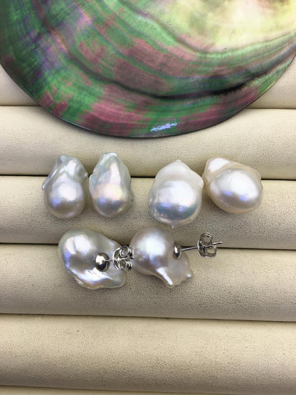 1 pair AAA 11-14mm small flame ball pearl stud earrings, sterling silver, earring with white baroque Natural Pearl, SE3-031-21