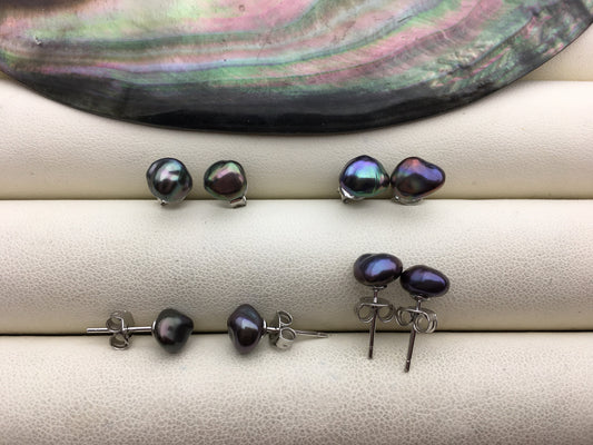 1 pair AAA 6-7mm Black blue keshi Freshwater Pearl Stud Earrings,Stud Earrings for Women Girls,SE3-025