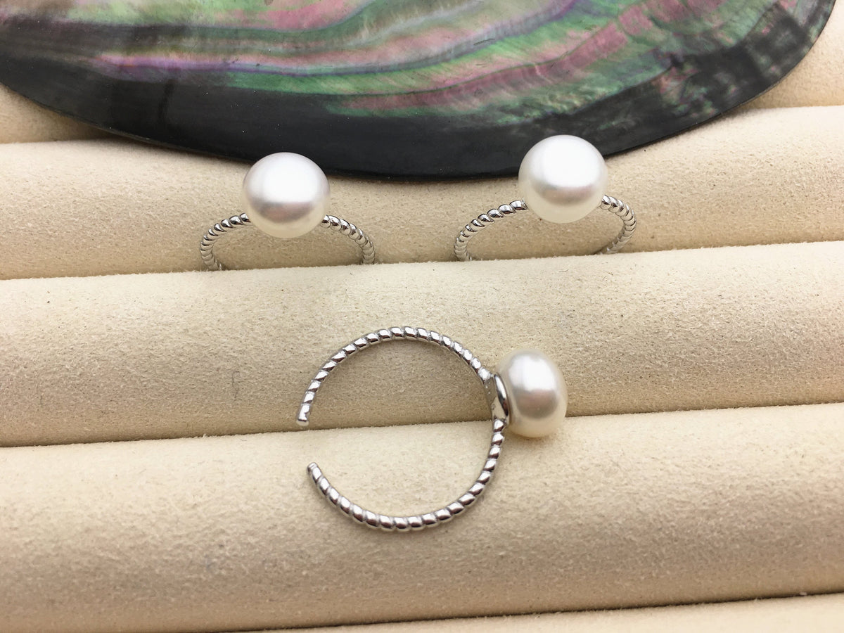 AAA single white button round Pearl Twist Sterling silver ring, wedding rings for women, sterling silver 925 open ring jewellery, R1-059