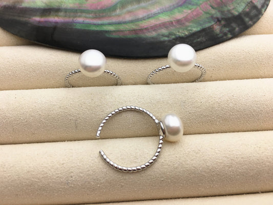 AAA single white button round Pearl Twist Sterling silver ring, wedding rings for women, sterling silver 925 open ring jewellery, R1-059