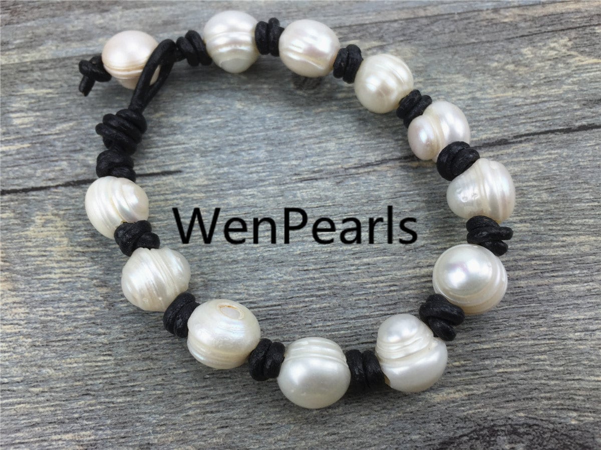 11mm big pearl bracelet, Leather Pearls Bracelet, Handmade Cuff, White Pearls on Brown Leather, Black leather bracelet, Le7-029