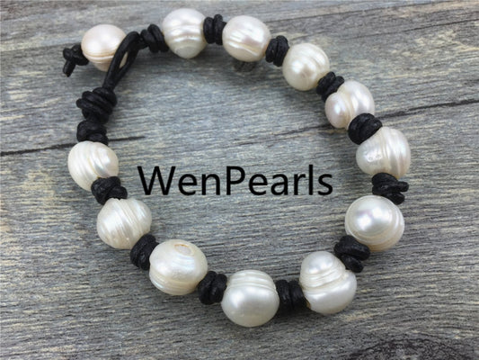 11mm big pearl bracelet, Leather Pearls Bracelet, Handmade Cuff, White Pearls on Brown Leather, Black leather bracelet, Le7-029