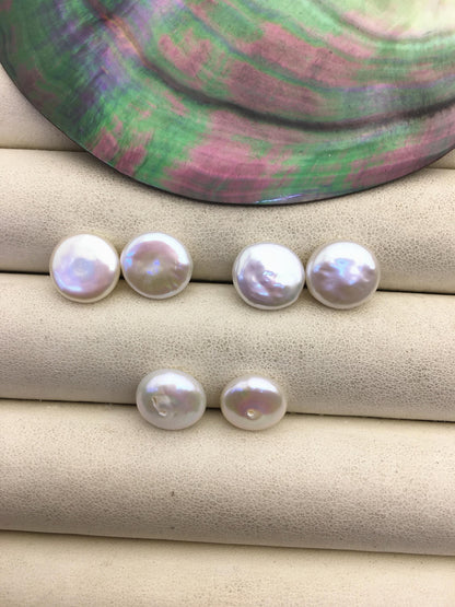 2 pairs AA+ 10-11mm White Coin Freshwater Pearls Pair, high luster- Coin Pearl-petite Pearl- 0.9mm bottom half hole, COIN10-3A-2