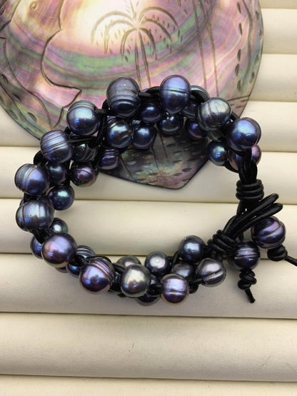 3 rows Black pearl bracelet, Leather Pearls Bracelet, Handmade Cuff, Black Pearls on Black Leather, Tan leather bracelet, Le8-029